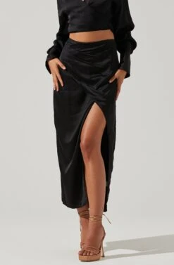 Loretta Satin Wrap Front Midi Skirt -Sun Gaia Dresses Shop ACS9111VR BLACK 3