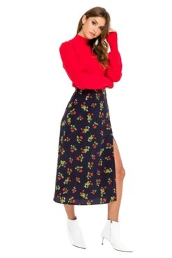 Button Side Slit Midi Skirt -Sun Gaia Dresses Shop ACS923B NAVY CHERRY PRINT 02