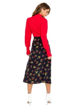 Button Side Slit Midi Skirt -Sun Gaia Dresses Shop ACS923B NAVY CHERRY PRINT 03