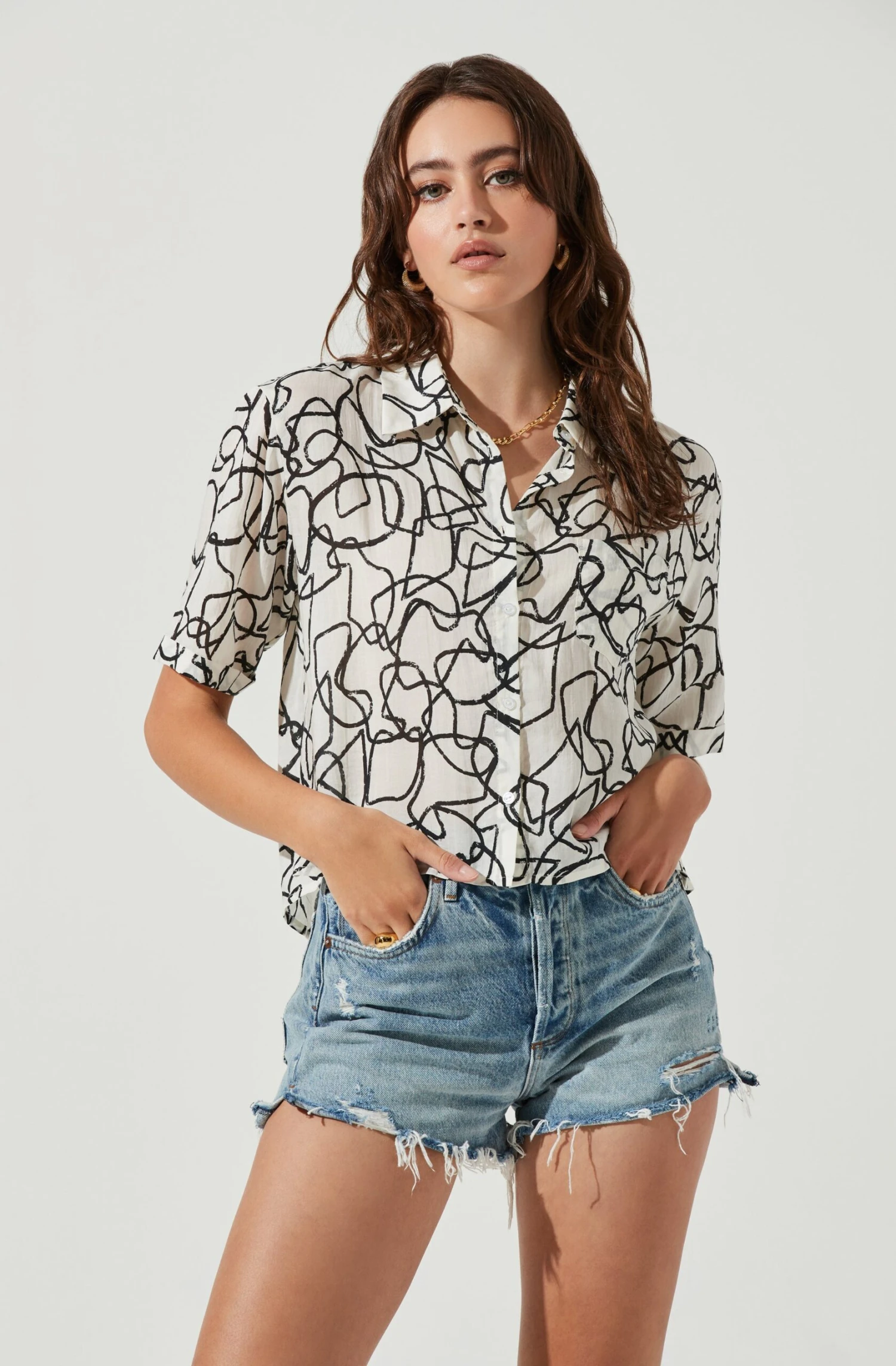 Chrysanthe Abstract Print Button Down Short Sleeve Top 3 Chrysanthe Abstract Print Button Down Short Sleeve Top