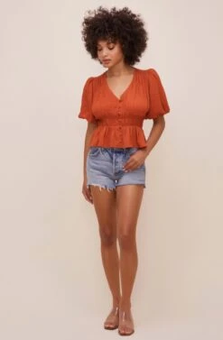 Ora Puff Sleeve Peplum Top -Sun Gaia Dresses Shop ACT16611 RUST 1