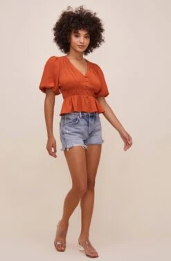 Ora Puff Sleeve Peplum Top -Sun Gaia Dresses Shop ACT16611 RUST 2