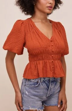 Ora Puff Sleeve Peplum Top -Sun Gaia Dresses Shop ACT16611 RUST 4