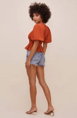 Ora Puff Sleeve Peplum Top -Sun Gaia Dresses Shop ACT16611 RUST 5