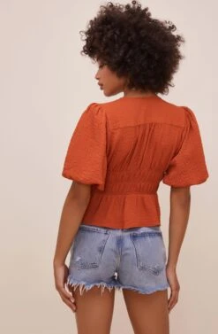 Ora Puff Sleeve Peplum Top -Sun Gaia Dresses Shop ACT16611 RUST 7
