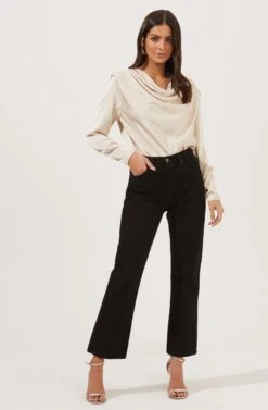 Blakely Draped Satin Long Sleeve Bodysuit -Sun Gaia Dresses Shop ACT16836 CHAMPAGNE 1