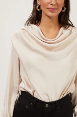 Blakely Draped Satin Long Sleeve Bodysuit -Sun Gaia Dresses Shop ACT16836 CHAMPAGNE 3