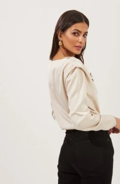 Blakely Draped Satin Long Sleeve Bodysuit -Sun Gaia Dresses Shop ACT16836 CHAMPAGNE 5