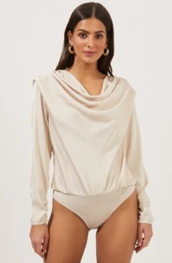 Blakely Draped Satin Long Sleeve Bodysuit -Sun Gaia Dresses Shop ACT16836 CHAMPAGNE 6 2