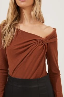 Maricopa Off Shoulder Twist Front Bodysuit -Sun Gaia Dresses Shop ACT16855 CARAMEL 3