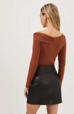 Maricopa Off Shoulder Twist Front Bodysuit -Sun Gaia Dresses Shop ACT16855 CARAMEL 5