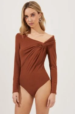 Maricopa Off Shoulder Twist Front Bodysuit -Sun Gaia Dresses Shop ACT16855 CARAMEL 6