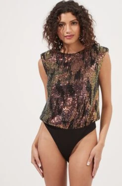 Hollywood Sequin Padded Shoulder Sleeveless Bodysuit -Sun Gaia Dresses Shop ACT16905 BLACK PINKMULTI 5