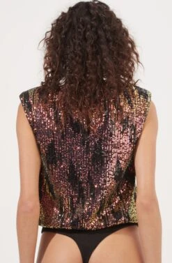 Hollywood Sequin Padded Shoulder Sleeveless Bodysuit -Sun Gaia Dresses Shop ACT16905 BLACK PINKMULTI 6