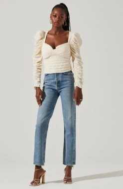 Caldwell Metallic Ruched Sweetheart Neck Top -Sun Gaia Dresses Shop ACT16906 CREAM 1