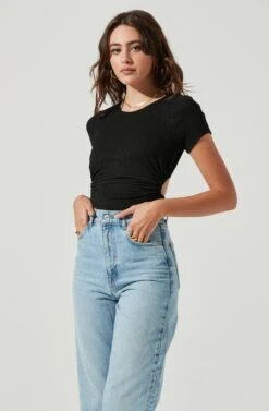 Charlize Cutout Short Sleeve Crinkle Bodysuit -Sun Gaia Dresses Shop ACT16973 BLACK 2