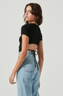 Charlize Cutout Short Sleeve Crinkle Bodysuit -Sun Gaia Dresses Shop ACT16973 BLACK 4