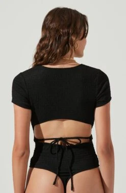 Charlize Cutout Short Sleeve Crinkle Bodysuit -Sun Gaia Dresses Shop ACT16973 BLACK 6