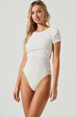 Charlize Cutout Short Sleeve Crinkle Bodysuit -Sun Gaia Dresses Shop ACT16973 WHITE 7