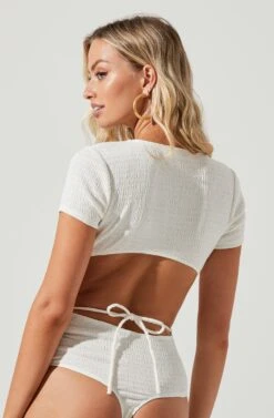 Charlize Cutout Short Sleeve Crinkle Bodysuit -Sun Gaia Dresses Shop ACT16973 WHITE 8