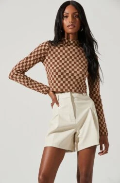 Izzy Checkered Long Sleeve Top -Sun Gaia Dresses Shop ACT17027B BROWNTAUPE 0866