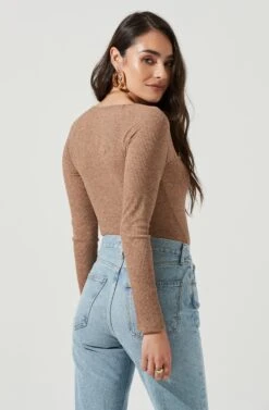 Vanowen Halter Cutout Shoulder Long Sleeve Bodysuit -Sun Gaia Dresses Shop ACT17055B TANHEATHER 4