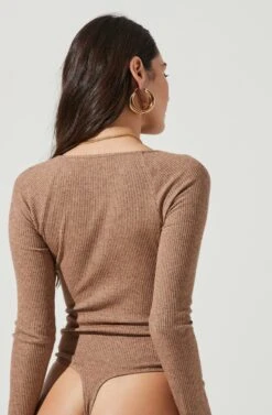 Vanowen Halter Cutout Shoulder Long Sleeve Bodysuit -Sun Gaia Dresses Shop ACT17055B TANHEATHER 5