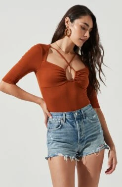 Mariona Cross Front Half Sleeve Bodysuit -Sun Gaia Dresses Shop ACT17106 RUST 2