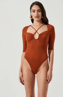 Mariona Cross Front Half Sleeve Bodysuit -Sun Gaia Dresses Shop ACT17106 RUST 6