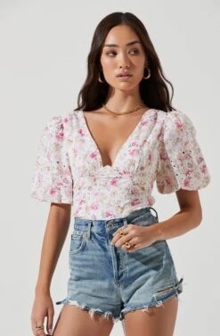 Beaumont Floral Puff Sleeve Top -Sun Gaia Dresses Shop ACT17159 WHITEPINKMULTIFLORAL 1704