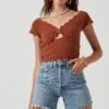 Becker Crochet Front Cutout Short Sleeve Top -Sun Gaia Dresses Shop ACT17164 BROWN 1318