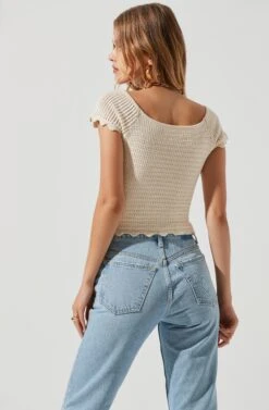 Becker Crochet Front Cutout Short Sleeve Top -Sun Gaia Dresses Shop ACT17164 CREAM 1175