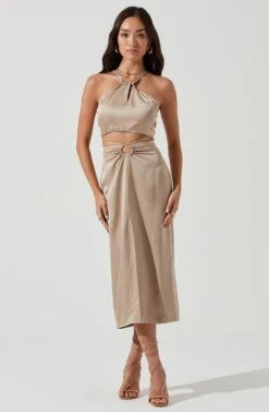 Robin Tie Waist Cutout Midi Skirt -Sun Gaia Dresses Shop ACT17181 KHAKI 1927