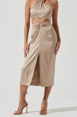 Robin Tie Waist Cutout Midi Skirt -Sun Gaia Dresses Shop ACT17181 KHAKI 1937