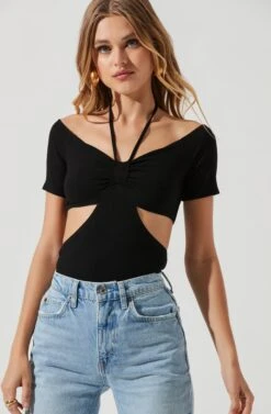 Monterey Halter Neck Cutout Bodysuit -Sun Gaia Dresses Shop ACT17210 BLACK 1227