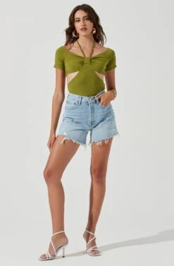 Monterey Halter Neck Cutout Bodysuit -Sun Gaia Dresses Shop ACT17210 OLIVEGREEN 1515