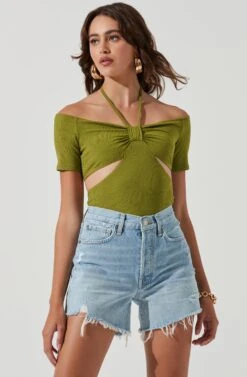 Monterey Halter Neck Cutout Bodysuit -Sun Gaia Dresses Shop ACT17210 OLIVEGREEN 1533