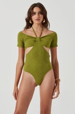 Monterey Halter Neck Cutout Bodysuit -Sun Gaia Dresses Shop ACT17210 OLIVEGREEN 1545