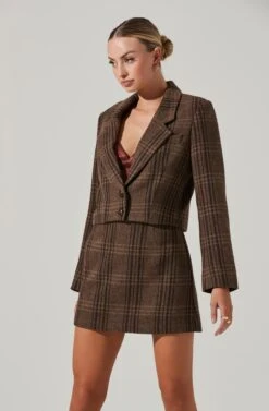 Brina Cropped Plaid Jacket -Sun Gaia Dresses Shop ACT17305 BROWNBLACKPLAID 14011