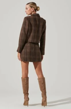 Brina Cropped Plaid Jacket -Sun Gaia Dresses Shop ACT17305 BROWNBLACKPLAID 14031