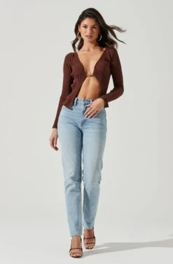 Angelique Ribbed Knit Chain Detail Cardigan -Sun Gaia Dresses Shop ACT17337 BROWN 0091