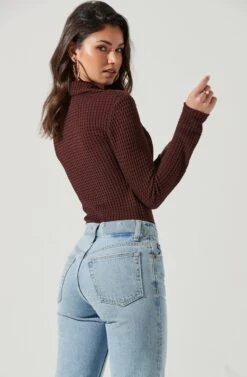 Lamora Waffle Knit Ruched Button Down Top -Sun Gaia Dresses Shop ACT17338 BROWN 0226 1