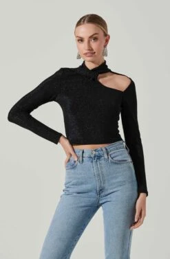 Crane Metallic Cutout Long Sleeve Top -Sun Gaia Dresses Shop ACT17378 MIDNIGHTMETALLIC 3