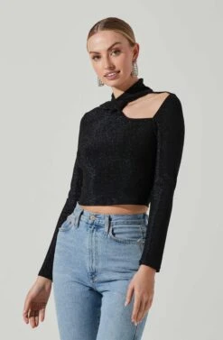 Crane Metallic Cutout Long Sleeve Top -Sun Gaia Dresses Shop ACT17378 MIDNIGHTMETALLIC 4