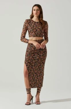 Louisa Floral Long Sleeve Open Back Crop Top -Sun Gaia Dresses Shop ACT17568 BLACKORANGEMULTI 1