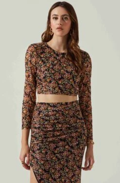 Louisa Floral Long Sleeve Open Back Crop Top -Sun Gaia Dresses Shop ACT17568 BLACKORANGEMULTI 3