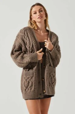 Charli Cable Knit Oversized Cardigan Sweater -Sun Gaia Dresses Shop ACT17626 MOCHA 3