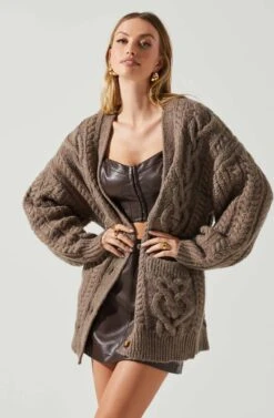 Charli Cable Knit Oversized Cardigan Sweater -Sun Gaia Dresses Shop ACT17626 MOCHA 4
