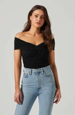 Cornelia Ruched Off Shoulder Bodysuit -Sun Gaia Dresses Shop ACT17694 BLACK 1 14
