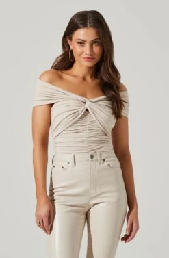 Cornelia Ruched Off Shoulder Bodysuit -Sun Gaia Dresses Shop ACT17694 CREAM 1 2